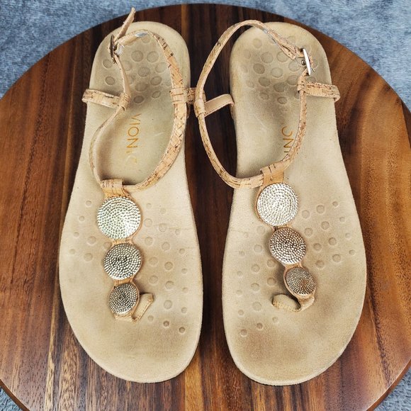 Vionic Lizbeth Sandals Women's 11 Tan Cork Gold Metallic Buckle T Strap Orthotic - Picture 8 of 10